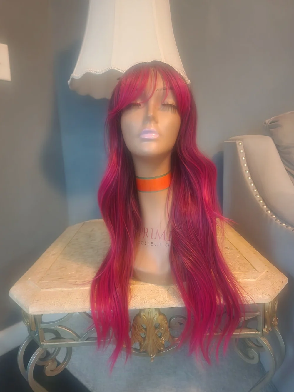 Vibrant Pink/red Ombre Women’s Wig with Curtain Bangs